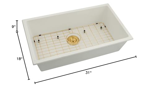 White Kitchen Sink 31 X 18 inch,Single Bowl Undermount Sink,White Granite Sink with Gold Sink Grid and Gold Sink Strainer