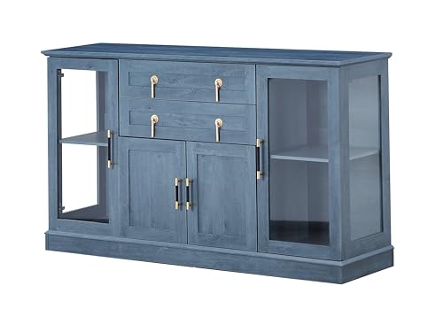 58.2'' Modern Sideboard with Storage, Accent Buffet Cabinet with 2 Glass Doors,Credenza with Two Drawers and Adjustable and Shelves,Blue