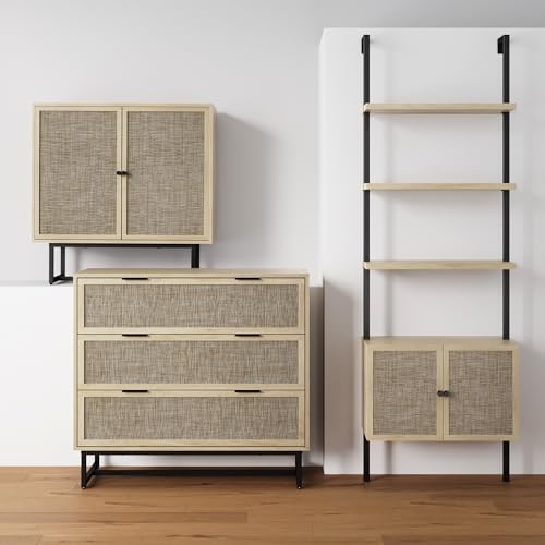 Accent Sideboard Storage Cabinet in Light Wood and Rattan with Metal Frame, Adjustable Shelves and Cane Doors, for Hallway, or Living Room, Light Oak/Cane/Black