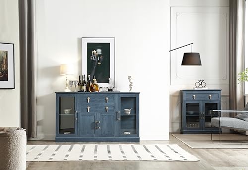 58.2'' Modern Sideboard with Storage, Accent Buffet Cabinet with 2 Glass Doors,Credenza with Two Drawers and Adjustable and Shelves,Blue