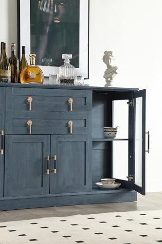 58.2'' Modern Sideboard with Storage, Accent Buffet Cabinet with 2 Glass Doors,Credenza with Two Drawers and Adjustable and Shelves,Blue