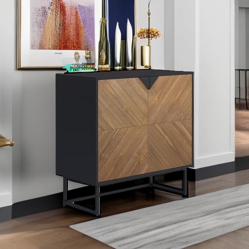 Enloe Modern Sideboard Buffet Storage Accent Cabinet Black with Doors in a Rustic Pine Wood Finish and Matte Metal Base for Hallway, Entryway, Kitchen or Living Room, Walnut Brown/Black