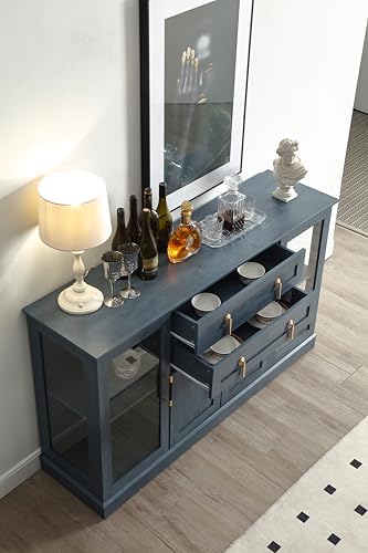 58.2'' Modern Sideboard with Storage, Accent Buffet Cabinet with 2 Glass Doors,Credenza with Two Drawers and Adjustable and Shelves,Blue