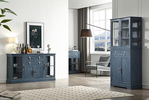 58.2'' Modern Sideboard with Storage, Accent Buffet Cabinet with 2 Glass Doors,Credenza with Two Drawers and Adjustable and Shelves,Blue