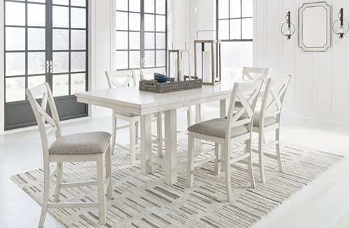 Distressed Counter Height Dining Extension Table with Trestle Base, Planked Effect and 2 Removable End Leaves, White