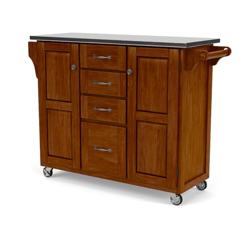 Create-a-Cart Medium Cherry Two-door Cabinet with Stainless Steel Top, Two Wood Panel Doors, Adjustable Shelves, Four Drawers, Two Towel Bars, Spice Rack, and Rubber Casters