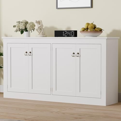 Buffet Cabinet with Storage - Kitchen Storage Cabinet Wood Console Table Coffee Bar Accent Cabinets for Living Room Dining Room Entryway White 57.5" W