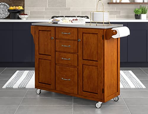 Create-a-Cart Medium Cherry Two-door Cabinet with Stainless Steel Top, Two Wood Panel Doors, Adjustable Shelves, Four Drawers, Two Towel Bars, Spice Rack, and Rubber Casters