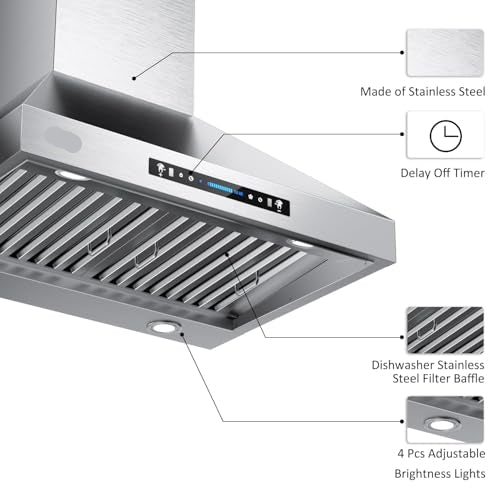 30-inch Wall Mount Range Hood 900 CFM Ducted/Ductless Convertible, Kitchen Chimney Vent Stainless Steel with Gesture Sensing & Touch Control Switch Panel, 4 Pcs Adjustable Lights