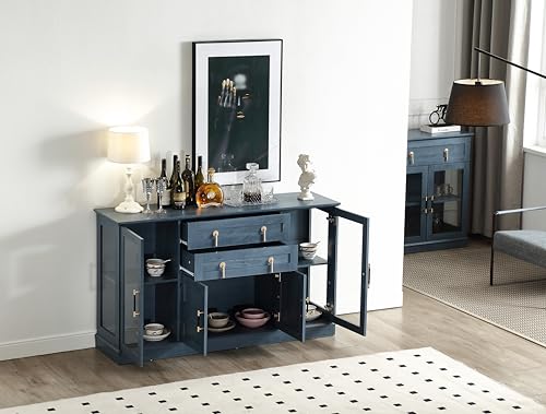 58.2'' Modern Sideboard with Storage, Accent Buffet Cabinet with 2 Glass Doors,Credenza with Two Drawers and Adjustable and Shelves,Blue