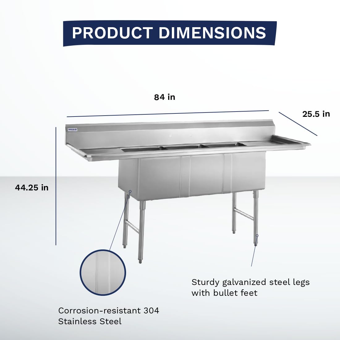 29N-001-Commercial NSF 3 Compartment Sink - 16"Wx20"Lx14"H Bowl Size - (2) 18" Drain Boards