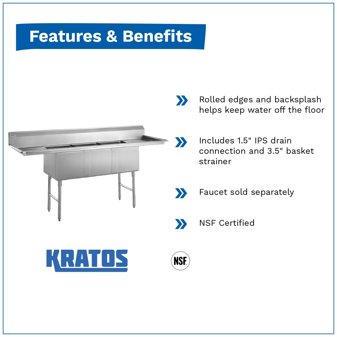 29N-001-Commercial NSF 3 Compartment Sink - 16"Wx20"Lx14"H Bowl Size - (2) 18" Drain Boards