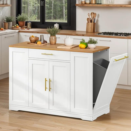 53 inch Large Rolling Kitchen Island with Trash Can Storage Cabinet, Portable Mobile Islands Table Long Floating Movable w Wheels Cabinet for 13 Gallon Garbage Bin 2 Drawer, White Oak