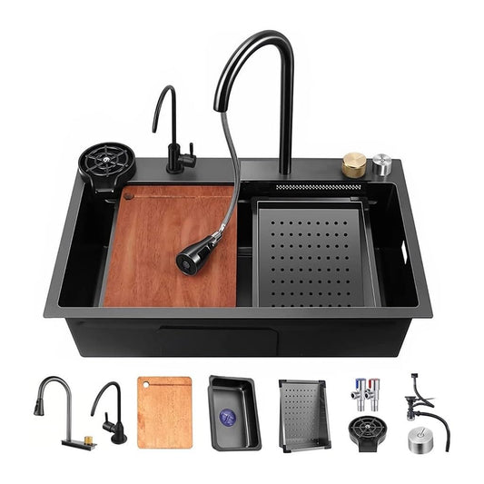 Black Waterfall Kitchen Sink, Drop in Single Bowl Stainless Steel Bar Sink with Cup Washer Sinks, Topmount Workstation Kitchen Sink with Accessories (Size : 29.5 x 17.7in)