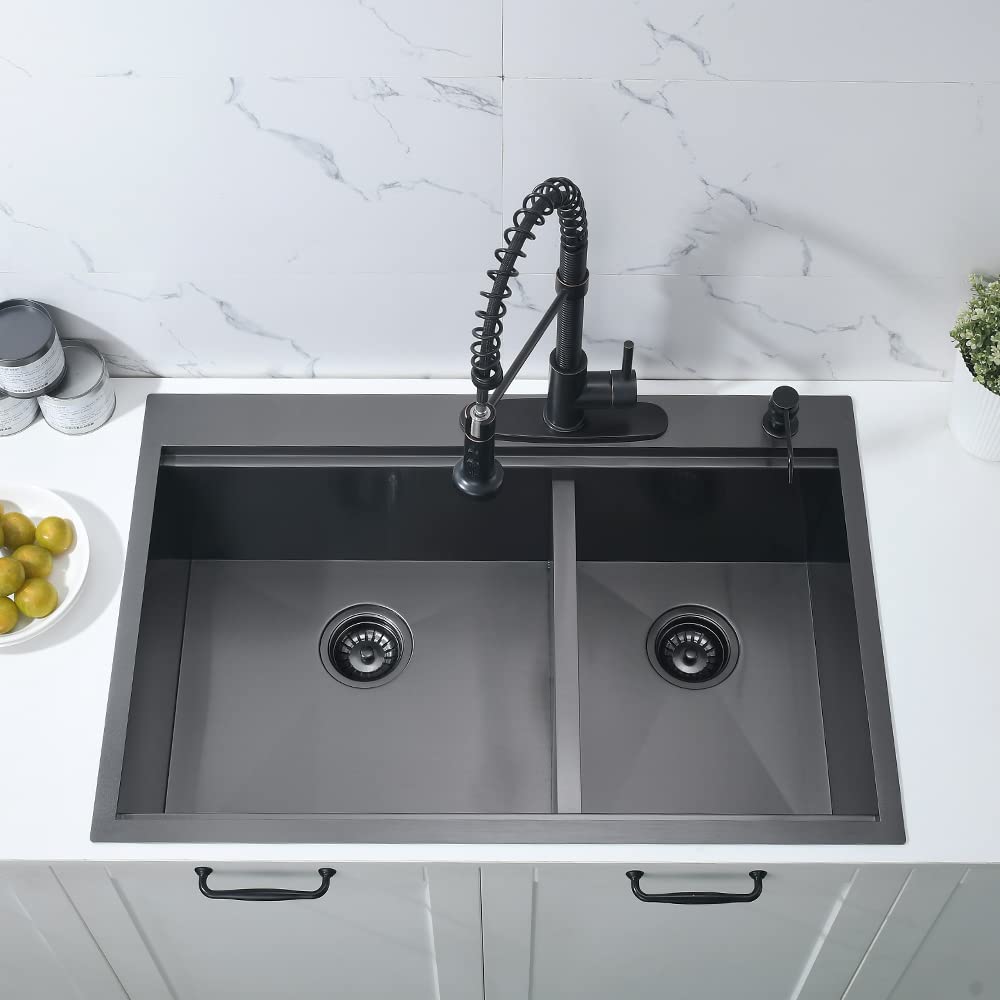 33 Inch Black Drop In Kitchen Sink Double Bowl Workstation-33x22 Double Bowl Kitchen Sink Drop In Black Stainless Steel Kitchen Sink 16 Gauge Low Divide 60/40 Kitchen Sink with Cutting Board