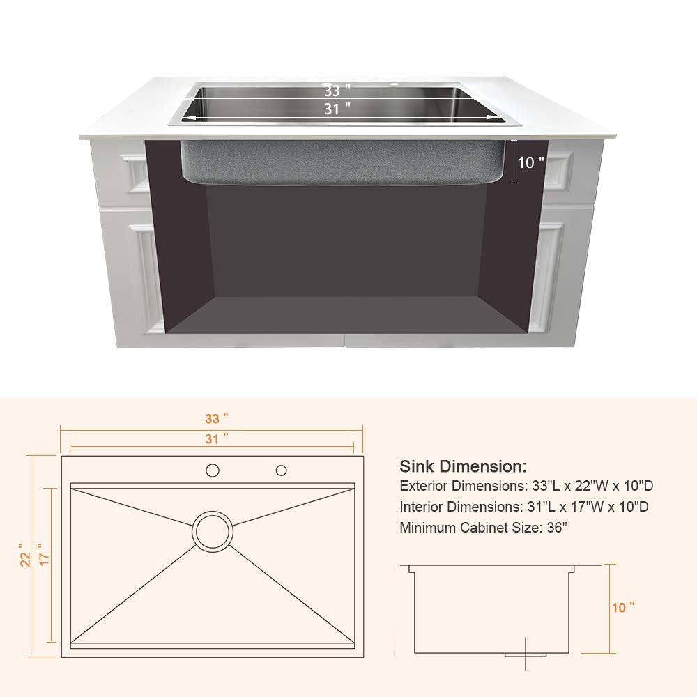 33 Inch Drop In Kitchen Sink Worktation-33x22 Drop In Sink Top Mount Stainless Steel Kitchen Sink 16 Gauge Workstation Kitchen Sink Deep Single Bowl Kitchen Sink with Cutting Board