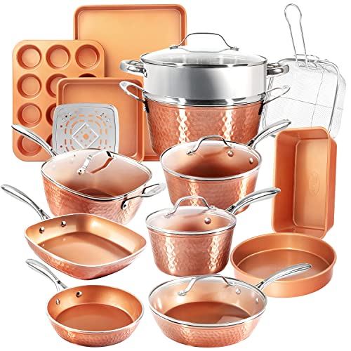 Hammered Copper Collection – 20 Piece Premium Pots and Pans Set Nonstick Ceramic Cookware + Bakeware Set for Kitchen, Induction/Dishwasher/Oven Safe, Healthy and Non Toxic