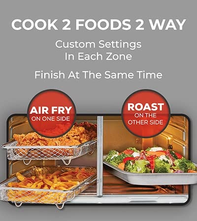 Dual Zone 360 Air Fryer Oven Combo with French Door, 25 QT Extra Large, Cook Two Foods in Different Ways, Up to 60% Faster from Frozen to Finish