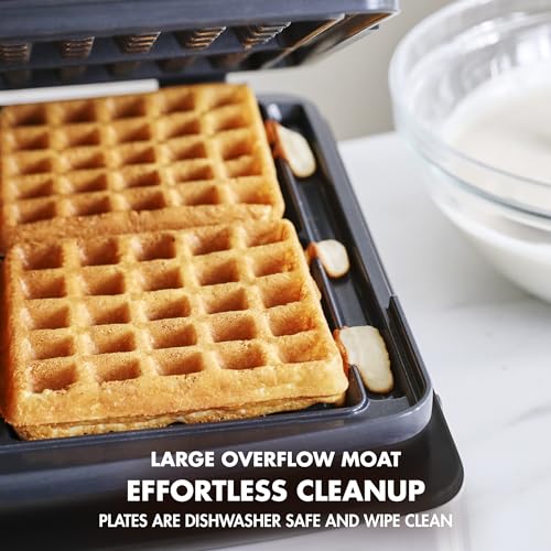 Elite 4-Square Belgian & Classic Waffle Iron, Healthy Ceramic Nonstick Aluminum Dishwasher Safe Plates, Adjustable Shade/Crunch Control, Wont Overflow, Easy Cleanup Breakfast