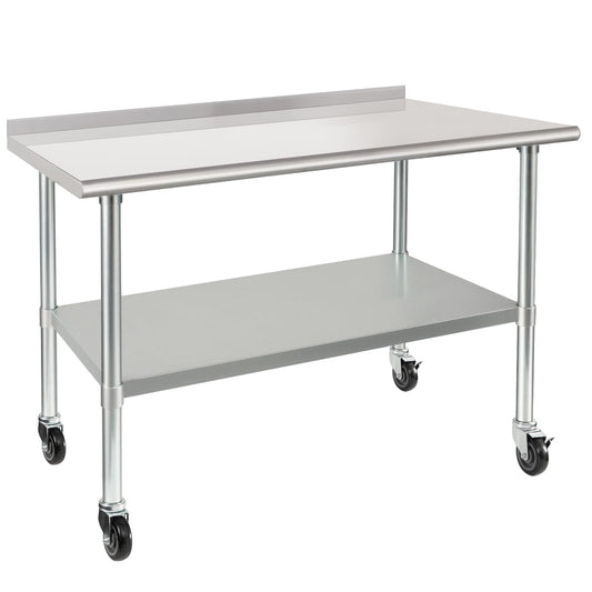 Stainless Steel Table 30 x 48 Inches with Wheels Casters NSF Heavy Duty Commercial Prep Table with 2” Backsplash and Adjustable Undershelf for Restaurant Kitchen Home and Hotel