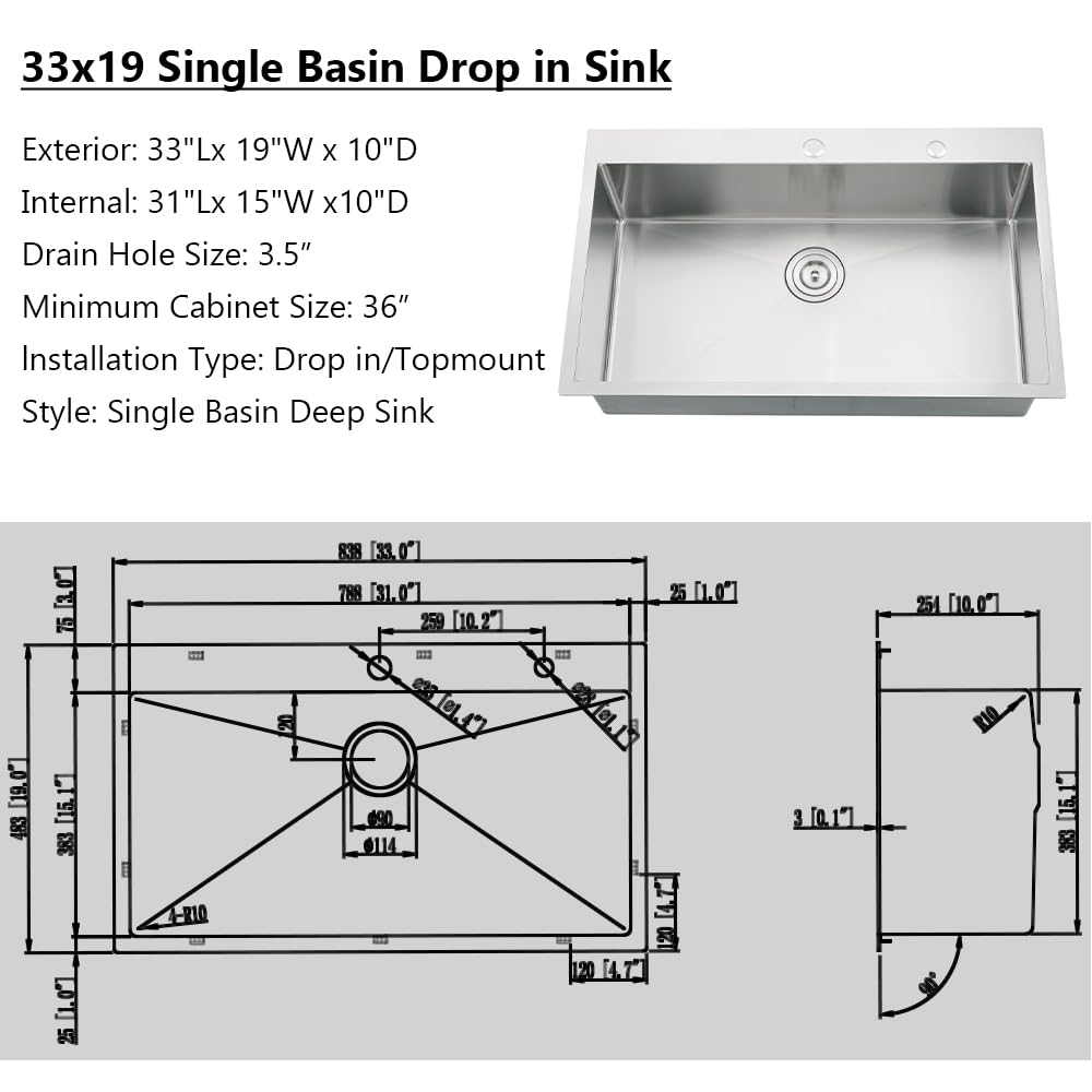 33 Inch Drop in Kitchen Sink, 33 x 19 Kitchen Sink Drop in 16 Gauge Stainless Steel Kitchen Sink Top Mount Single Bowl Deep Kitchen Sink with Drain Strainer