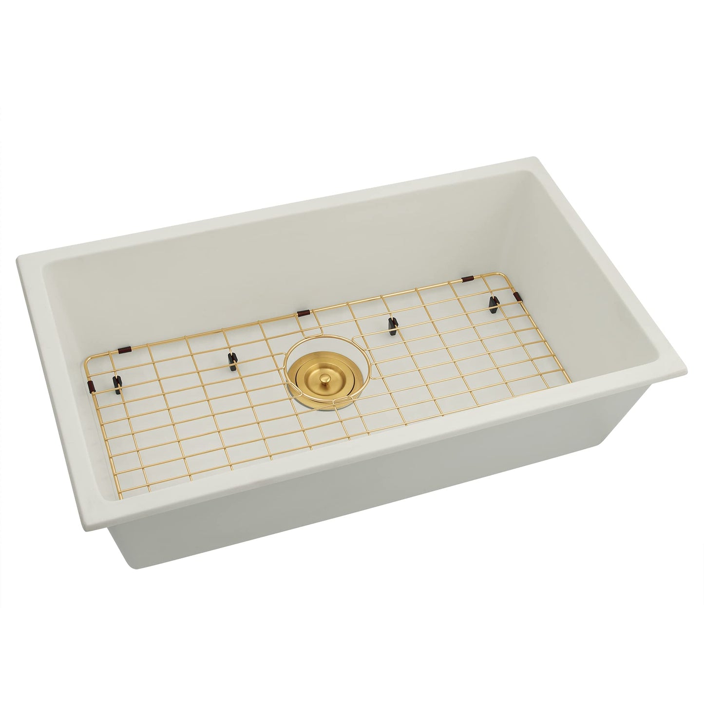 White Kitchen Sink 31 X 18 inch,Single Bowl Undermount Sink,White Granite Sink with Gold Sink Grid and Gold Sink Strainer