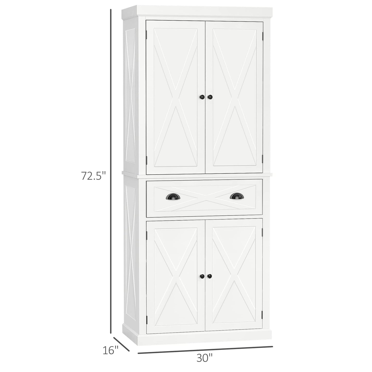 72" Kitchen Pantry Storage Cabinet, Traditional Freestanding Cupboard with 4 Doors and 3 Adjustable Shelves, Large Central Drawer, X-Frame, White