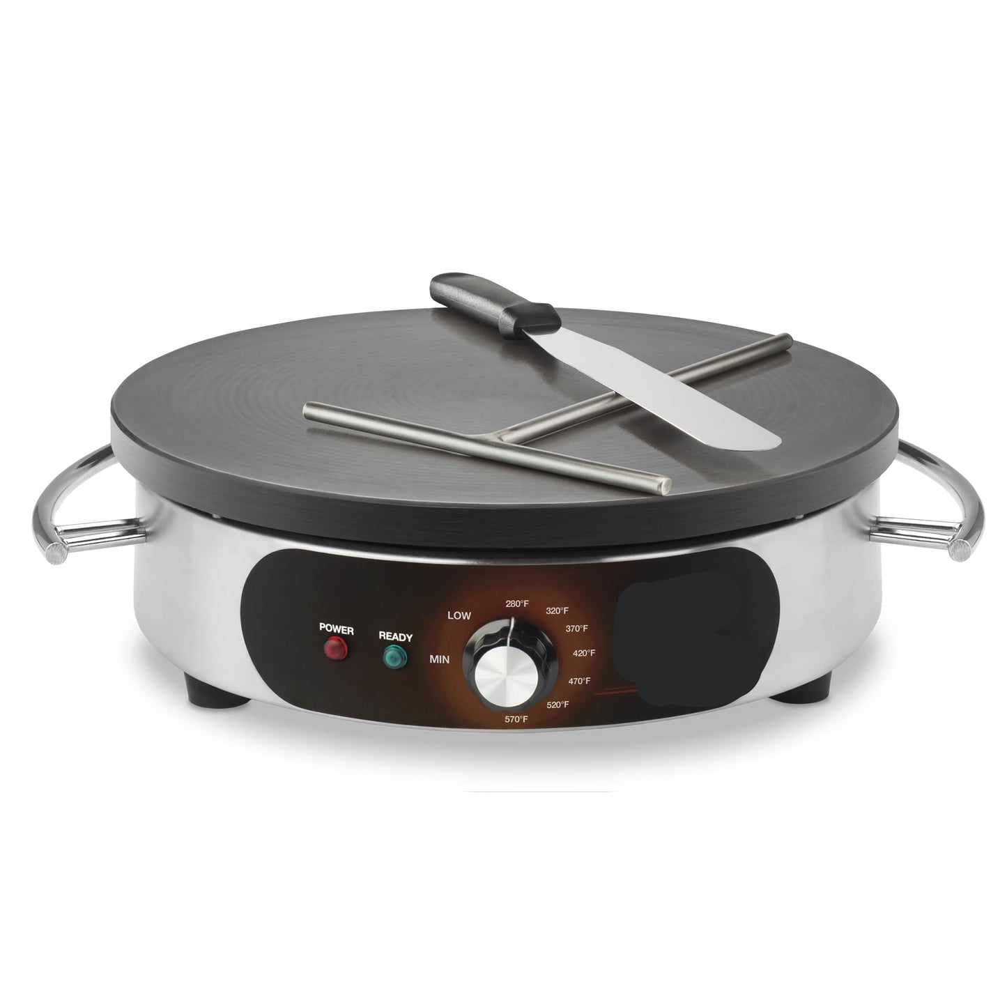 Commercial WSC160X 16" Electric Crepe Maker, Cast Iron Cooking Surface, Stainless Steel Base, Includes Batter Spreader and Spatula, 120V, 1800W, 5-15 Phase Plug