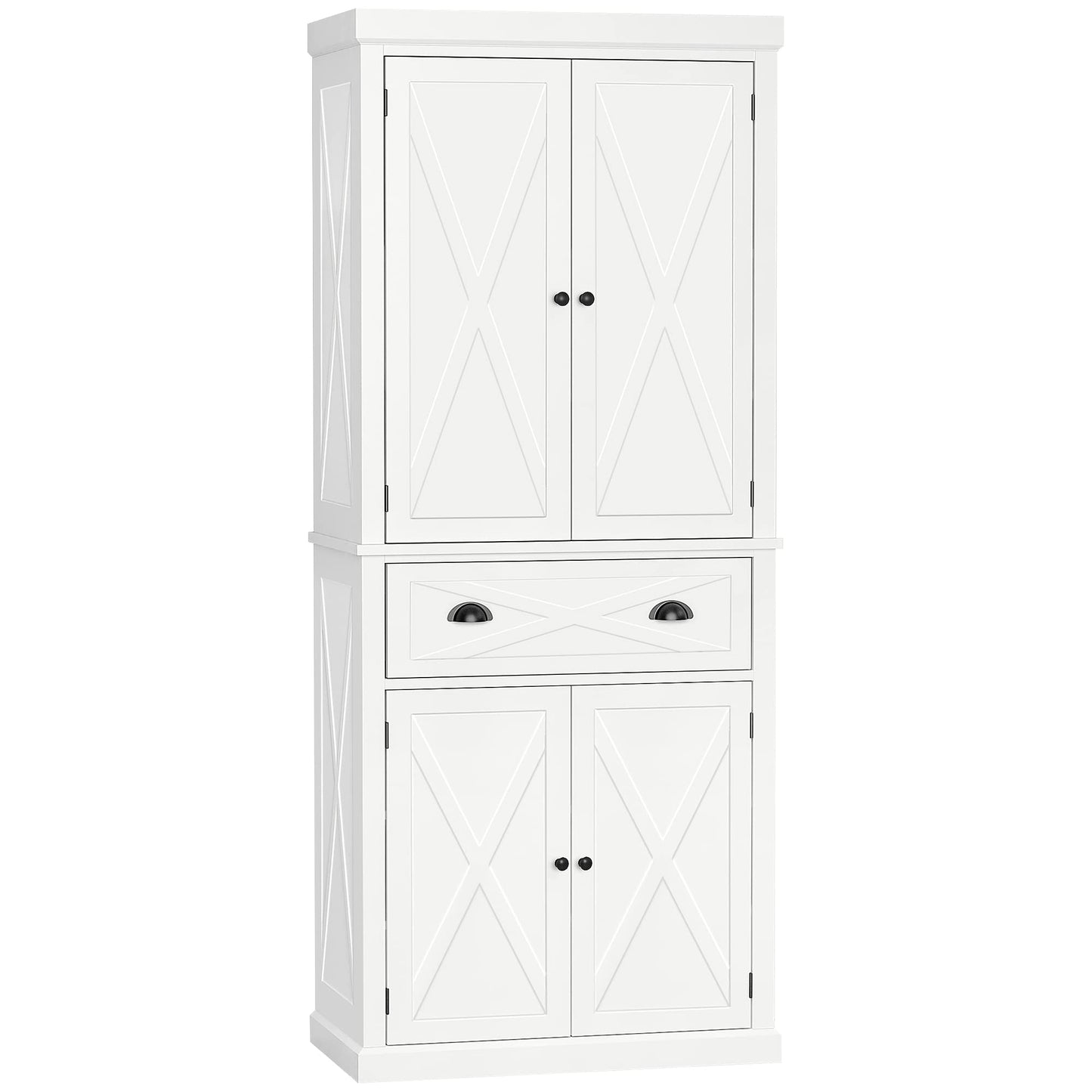 72" Kitchen Pantry Storage Cabinet, Traditional Freestanding Cupboard with 4 Doors and 3 Adjustable Shelves, Large Central Drawer, X-Frame, White