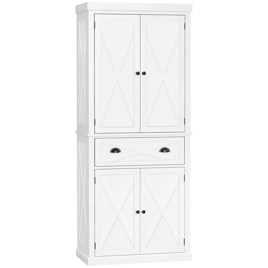 72" Kitchen Pantry Storage Cabinet, Traditional Freestanding Cupboard with 4 Doors and 3 Adjustable Shelves, Large Central Drawer, X-Frame, White