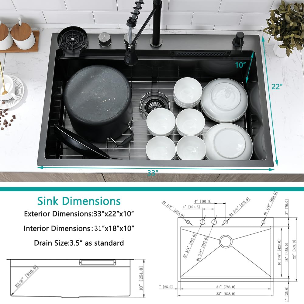 33 Inch Black Drop In Waterfall Sink with Faucet Combo, 33x22 Waterfall Kitchen Sink Drop In Workstation 16 Gauge Stainless Steel Smart Kitchen Sink Single Bowl Kitchen Sink with Cup Washer