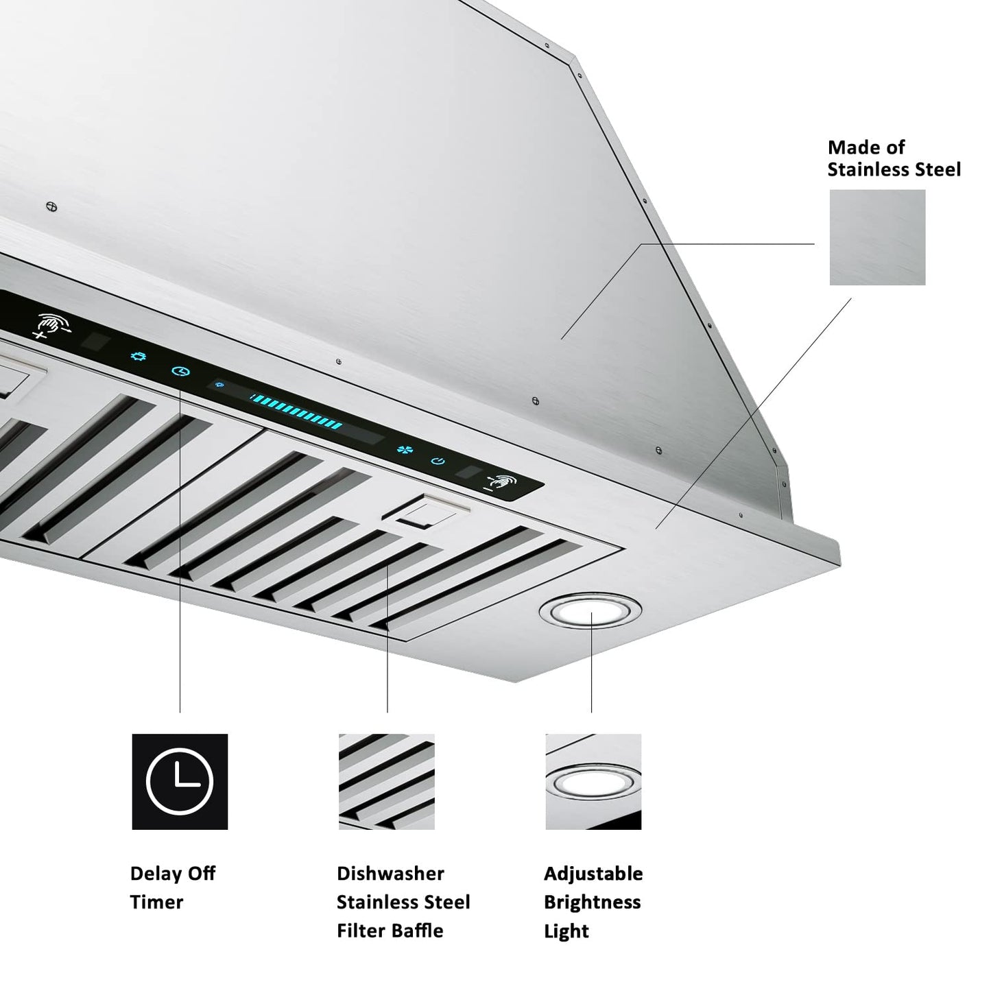 30 inch Built-in/Insert Range Hood 900 CFM, Ducted/Ductless Convertible Duct, Stainless Steel Kitchen Vent Hood with 4 Speed Gesture Sensing&Touch Control Panel(IKB01-30)