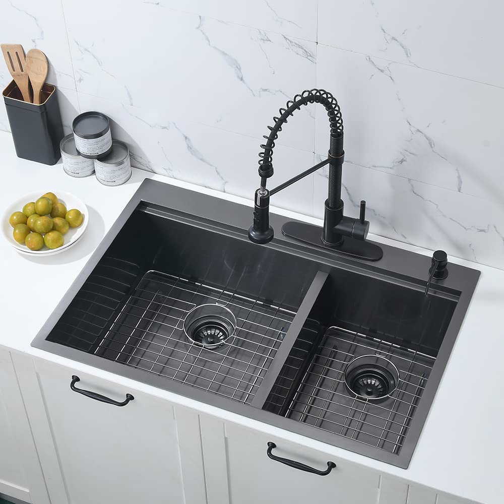 33 Inch Black Drop In Kitchen Sink Double Bowl Workstation-33x22 Double Bowl Kitchen Sink Drop In Black Stainless Steel Kitchen Sink 16 Gauge Low Divide 60/40 Kitchen Sink with Cutting Board