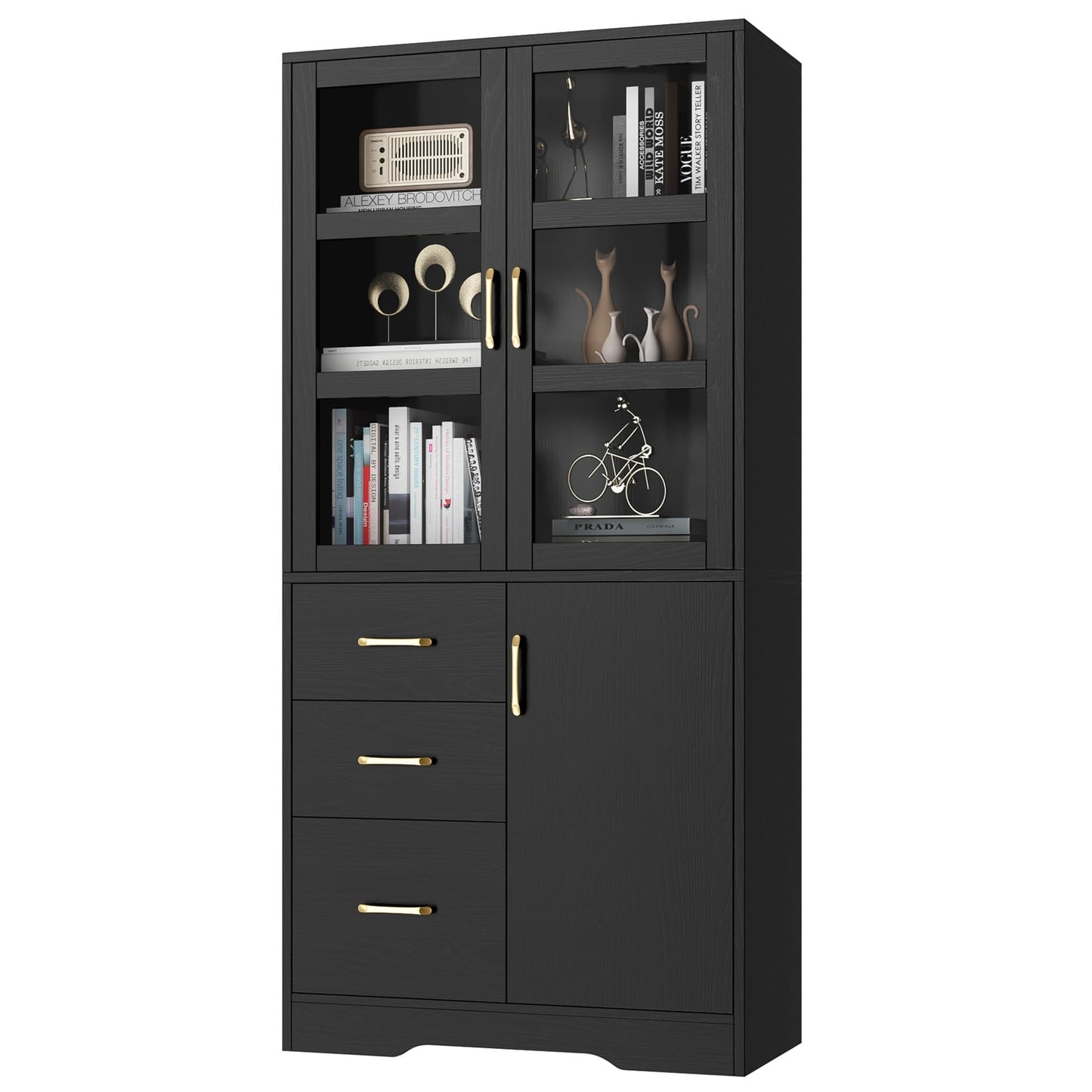 Tall Storage Cabinet with Glass Display Cabinet Doors & Shelves & 3 Drawers, 67”H Kitchen Pantry Cabinet with Gold Handle, Modern Linen Cabinet for Living, Kitchen and Dining Room, Office, Black