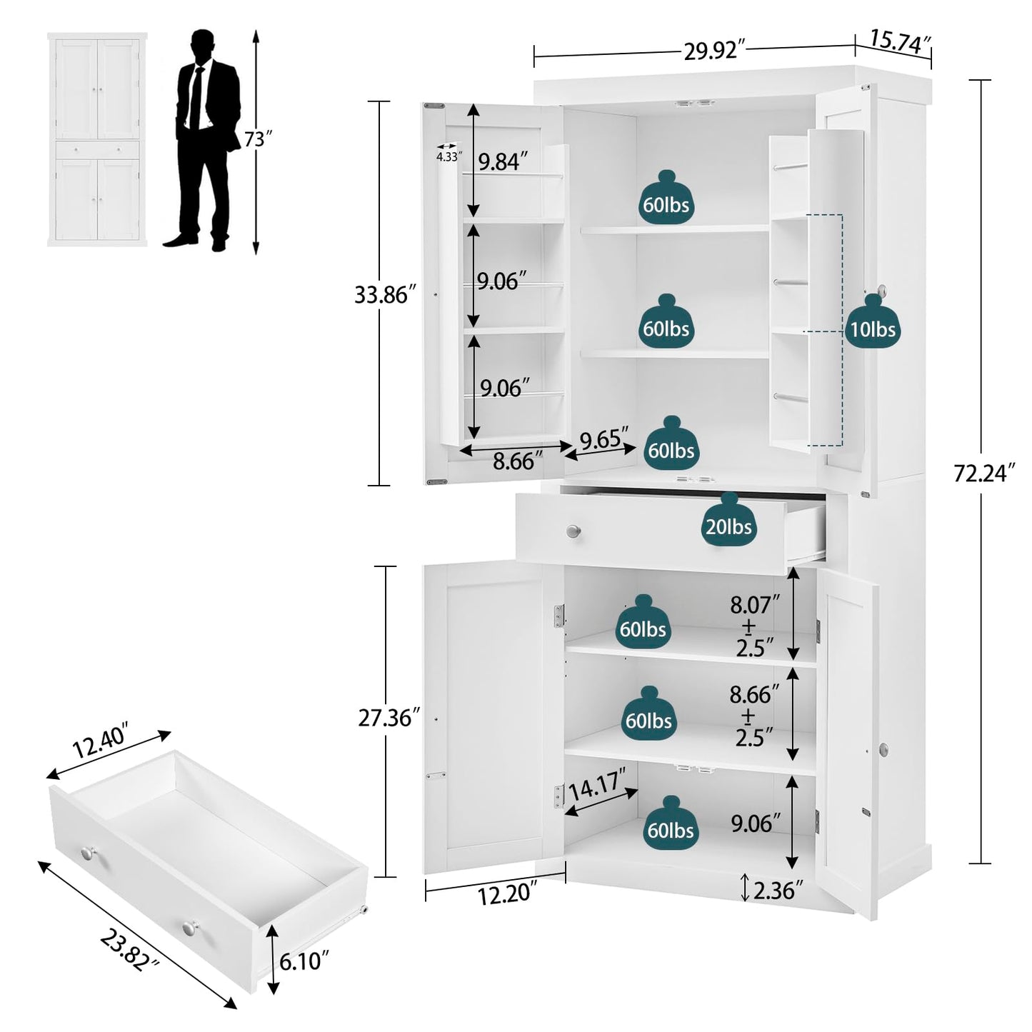 72” Kitchen Pantry Cabinet, Tall Storage Cabinet with 4 Doors and 1 Drawer, Cupboard with 6 Hanging Shelves and Adjustable Shelves for Kitchen, Dining Room, Living Room, White