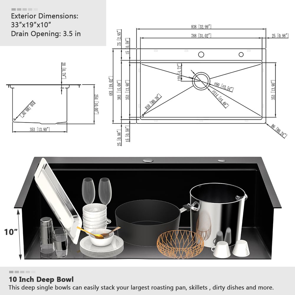 33 Inch Black Drop In Kitchen Sink Workstation-33x19 Kitchen Sink Drop In Black Stainless Steel Workstation Sink 16 Gauge Single Bowl Deep Kitchen Sink with Cutting Board