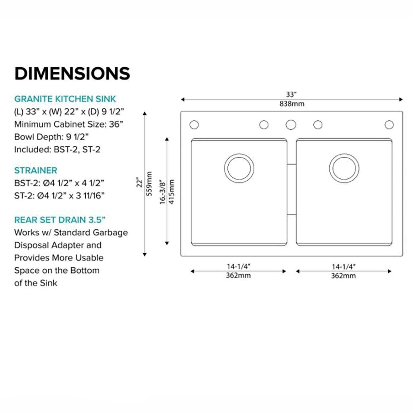 Quarza 33-inch Drop-In/Undermount 50/50 Double Bowl Granite Kitchen Sink in Black Onyx