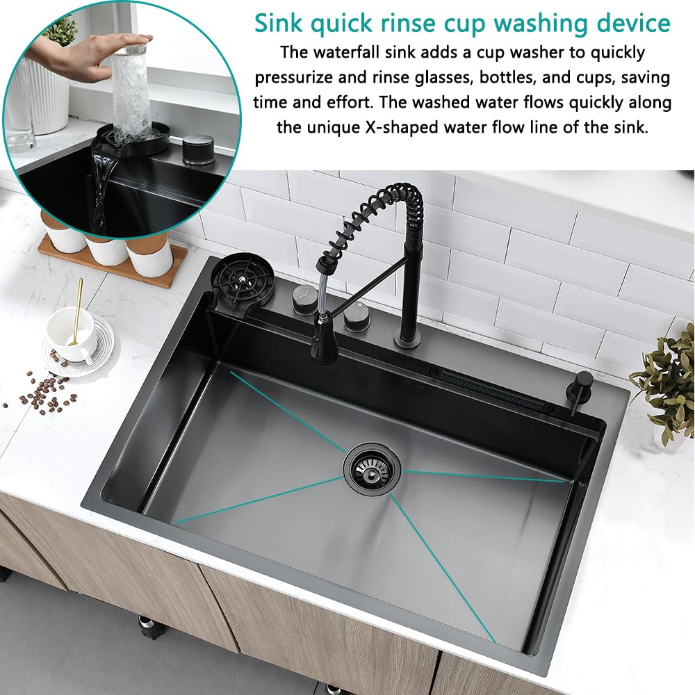 33 Inch Black Drop In Waterfall Sink with Faucet Combo, 33x22 Waterfall Kitchen Sink Drop In Workstation 16 Gauge Stainless Steel Smart Kitchen Sink Single Bowl Kitchen Sink with Cup Washer