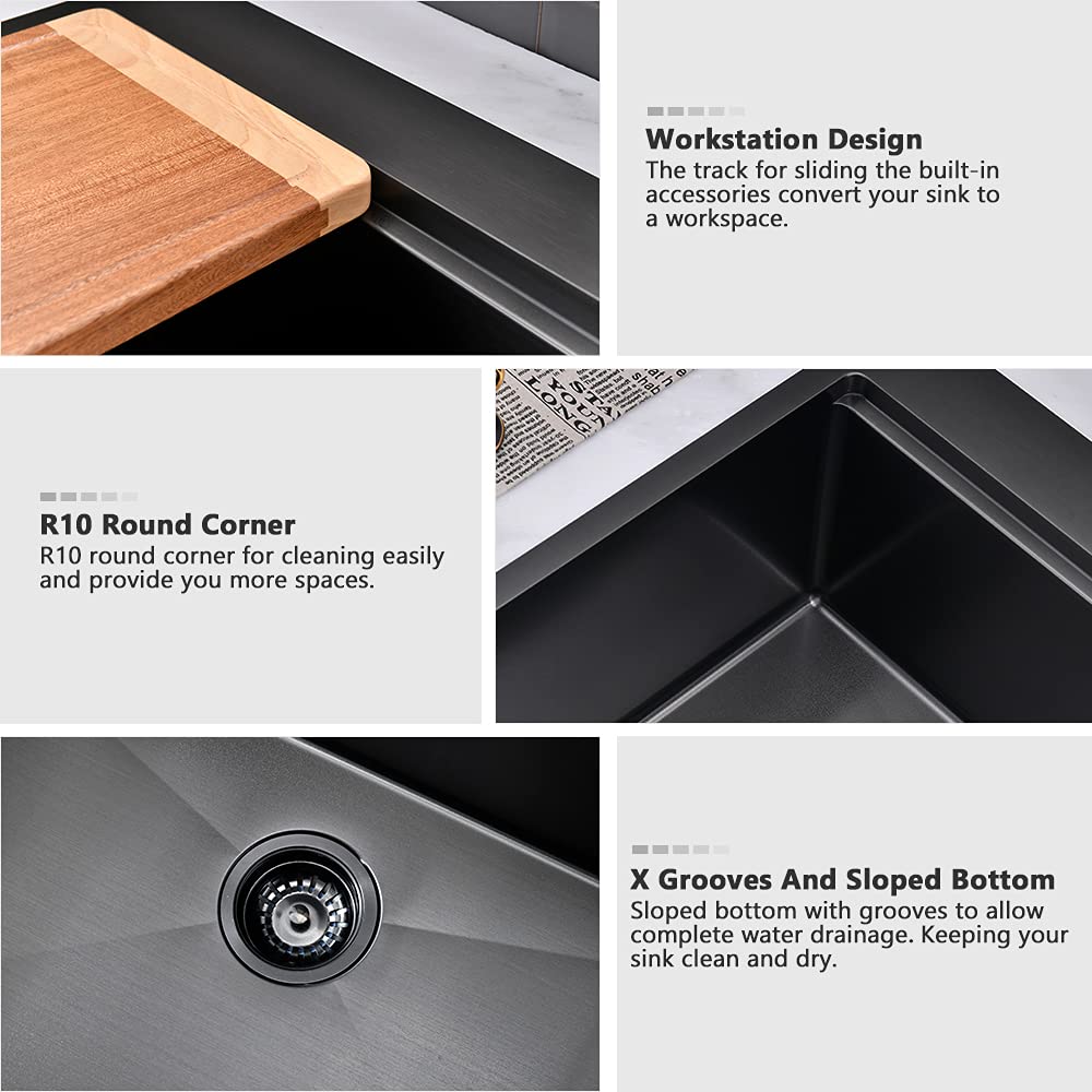 33 Inch Black Drop In Kitchen Sink Workstation-33x19 Kitchen Sink Drop In Black Stainless Steel Workstation Sink 16 Gauge Single Bowl Deep Kitchen Sink with Cutting Board