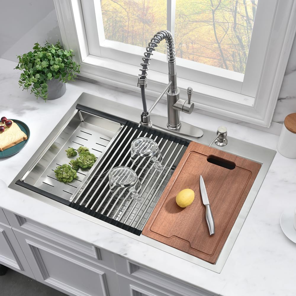 33 Inch Drop In Kitchen Sink Worktation-33x22 Drop In Sink Top Mount Stainless Steel Kitchen Sink 16 Gauge Workstation Kitchen Sink Deep Single Bowl Kitchen Sink with Cutting Board