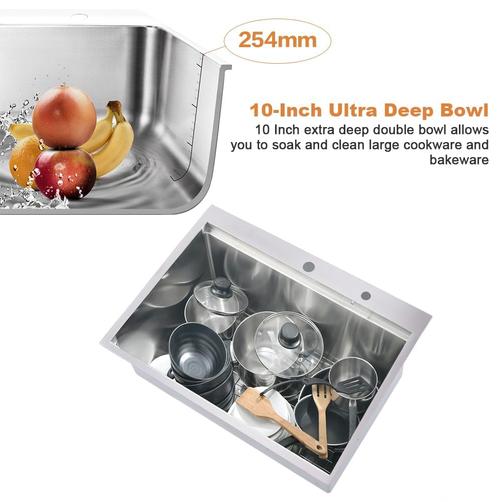 33 Inch Drop In Kitchen Sink Worktation-33x22 Drop In Sink Top Mount Stainless Steel Kitchen Sink 16 Gauge Workstation Kitchen Sink Deep Single Bowl Kitchen Sink with Cutting Board