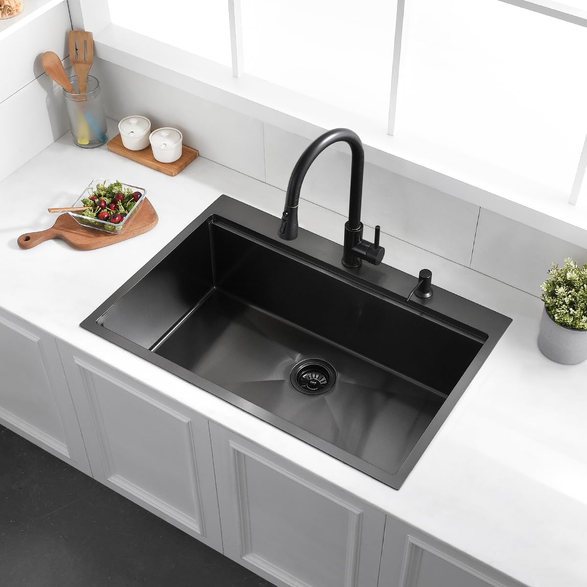 33 Drop In Black Workstation Kitchen Sink, Luckyhorse 33x22 16 Gauge Gunmetal Black Stainless Steel Sink Drop In Workstation Kitchen Sink