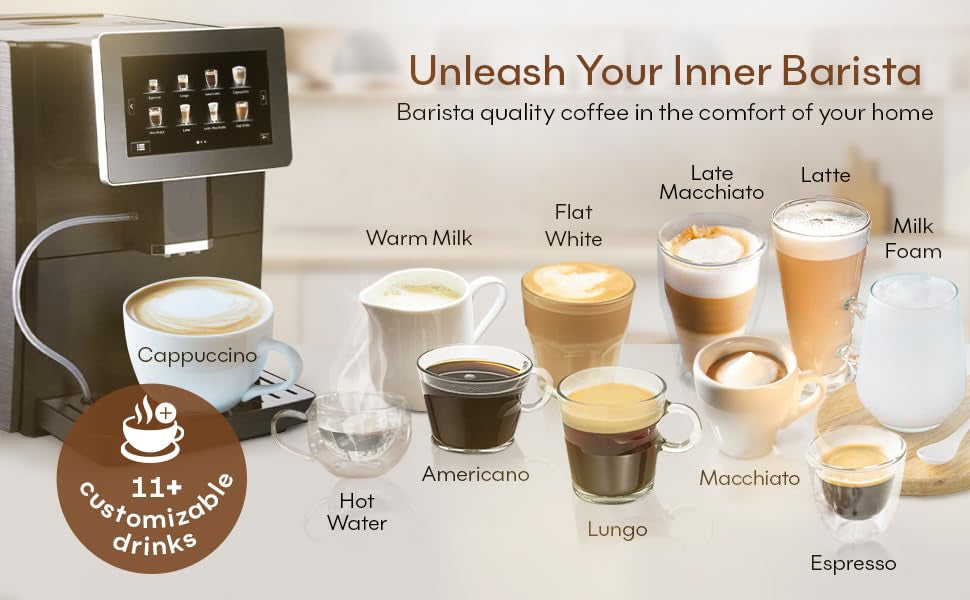 Super Automatic Espresso & Coffee Machine - Durable Automatic Espresso Machine With Grinder and Milk Frother For Latte, Cappuccino, Macchiato - 19 Coffee Recipes