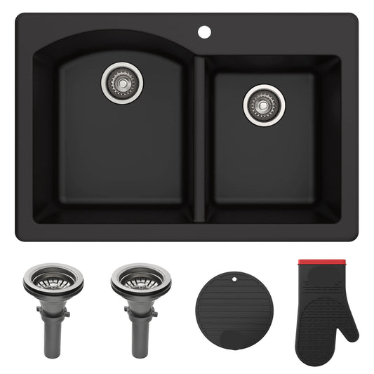 Forteza 33-inch Drop In/Undermount 60/40 Double Bowl Granite Kitchen Sink in Black