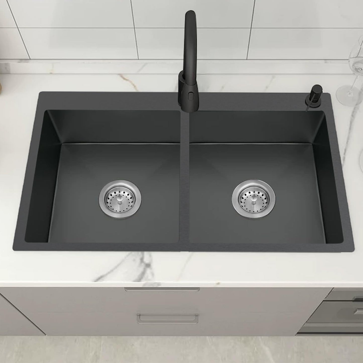 Black Double Bowl Sink - 50/50, 33x22x9-Inch Topmount - Stainless Steel - Drop In - Includes Sink Grid, Soap Dispenser, Drain Strainer