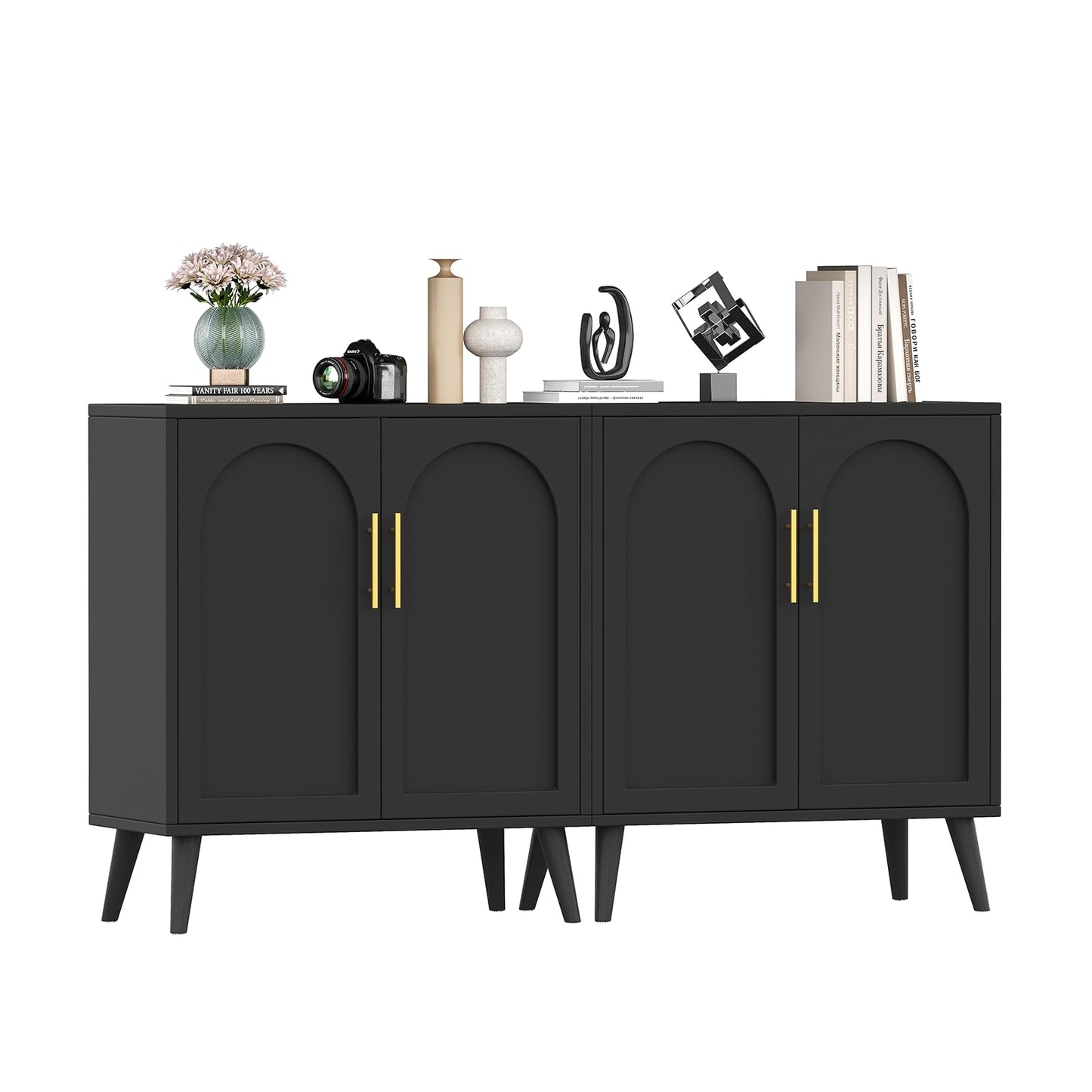 Set of 2 Storage Cabinet with 4 Doors, Accent Bathroom Floor Cabinet, Modern Sideboard Buffet Closet for Living Room, Entryway, Dining Room and Kitchen, Black