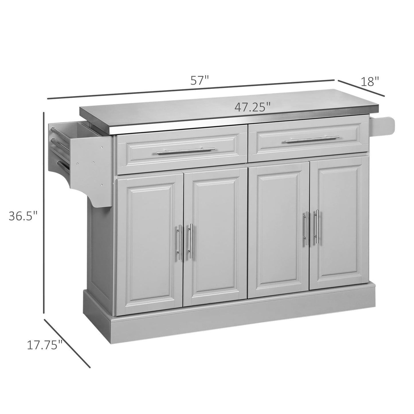 Rolling Island with Wheels for Kitchen, Portable Kitchen Island with Stainless Steel Top, Adjustable Shelves, 2 Drawers, Spice, Knife and Towel Rack, Gray