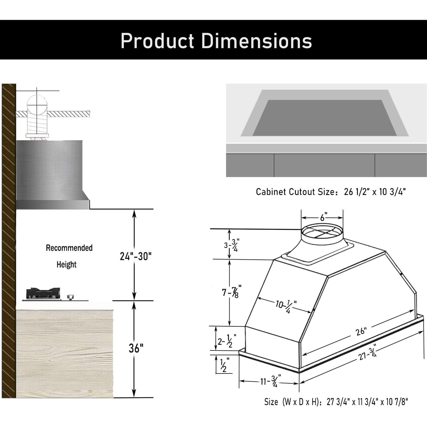 Range Hood Insert 30 Inch, 600 CFM Range Hood Insert, Vent Hood Insert, Ducted/Ductless Convertible Range Hood Insert, Stainless Steel Range Hood, Black Insert Range Hood 30 Inch