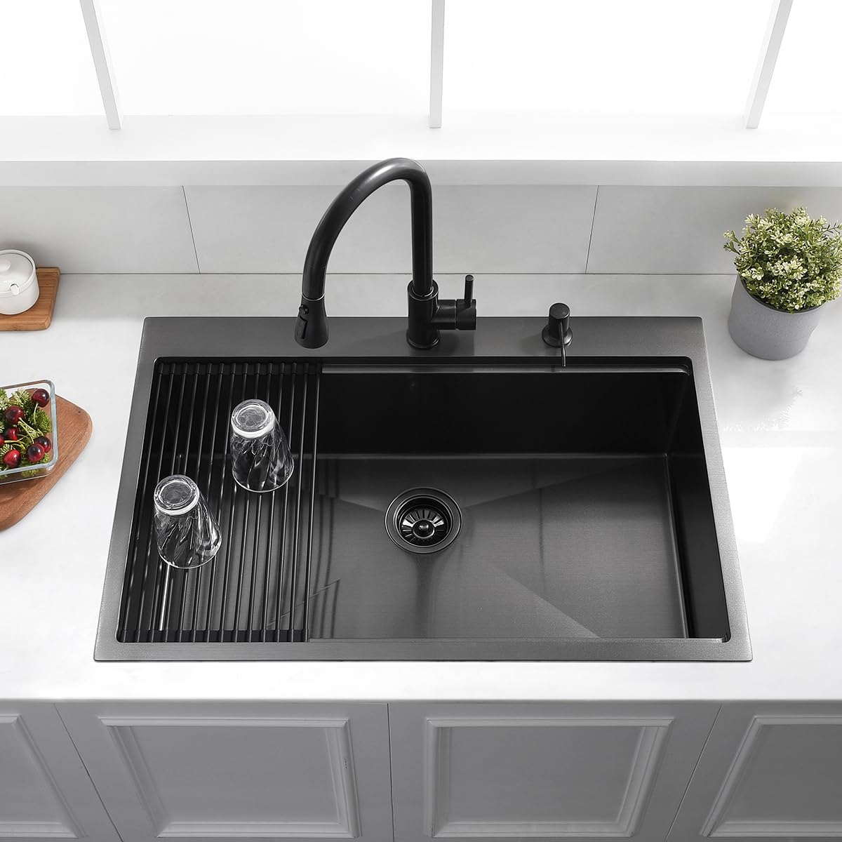 33 Drop In Black Workstation Kitchen Sink, Luckyhorse 33x22 16 Gauge Gunmetal Black Stainless Steel Sink Drop In Workstation Kitchen Sink