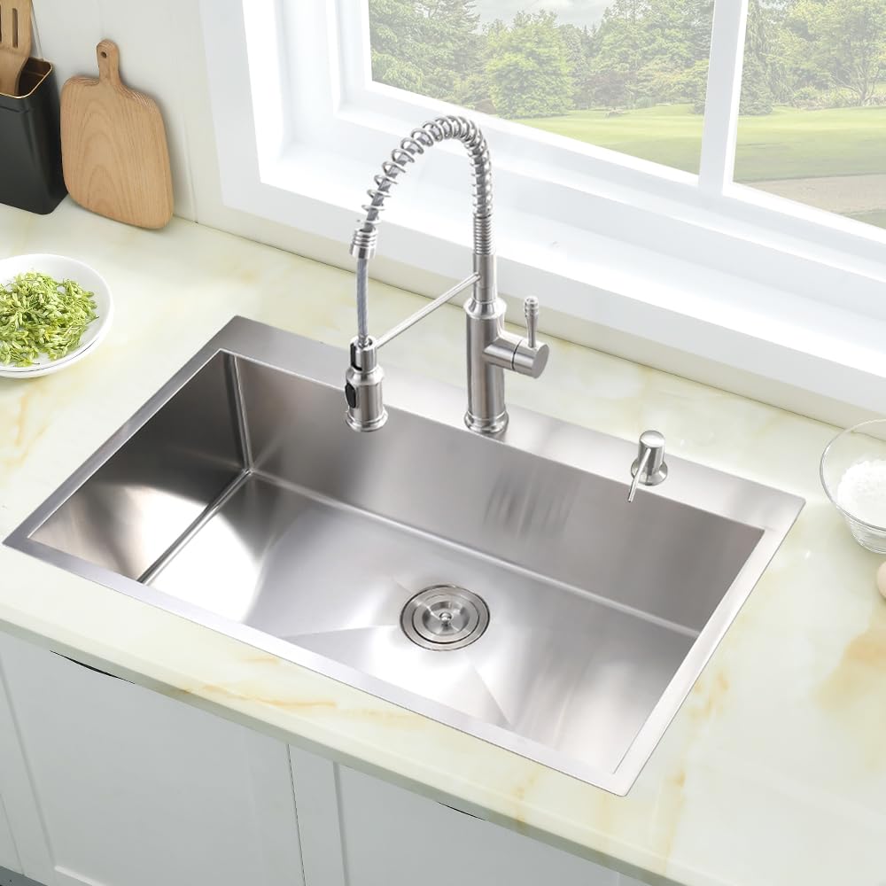 33 Inch Drop in Kitchen Sink, 33 x 19 Kitchen Sink Drop in 16 Gauge Stainless Steel Kitchen Sink Top Mount Single Bowl Deep Kitchen Sink with Drain Strainer